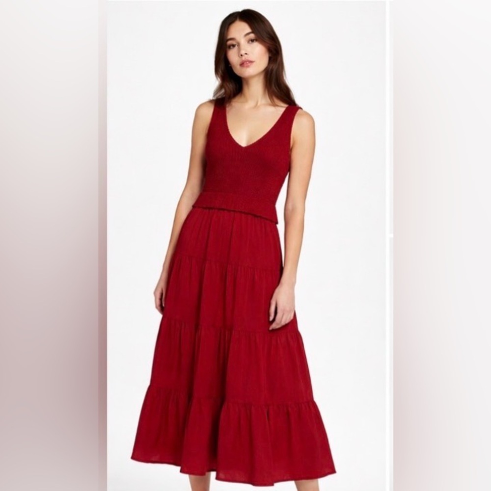 En Saison Alwin V-Neck Mixed Media Tiered Midi Dress – Size Large – Red